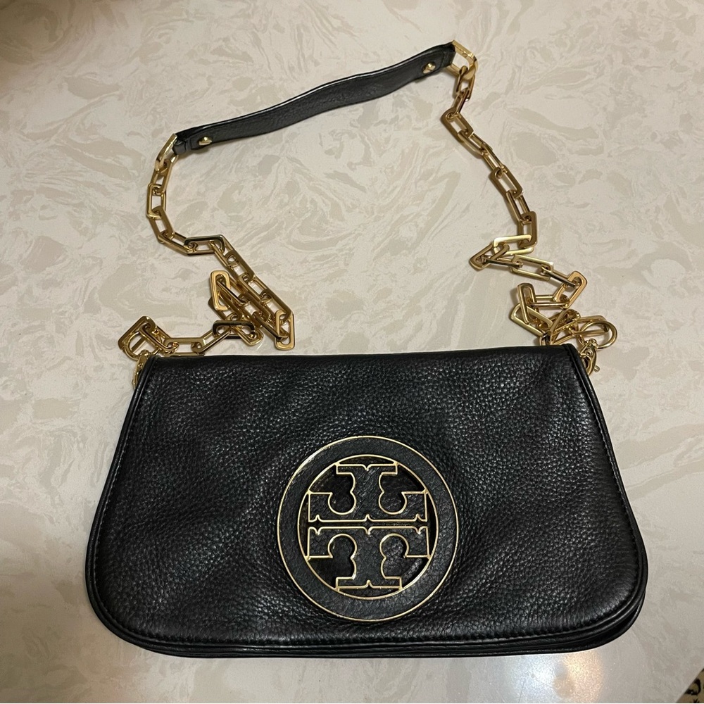 Tory Burch Reva Logo Black Crossbody Bag Convertible Clutch Chain Handbag